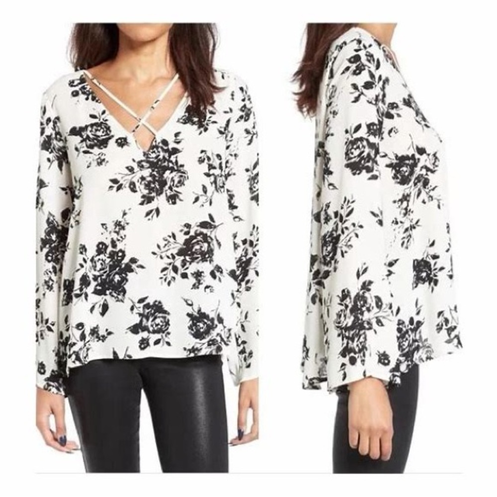 Lush Black and White Floral Blouse With Criss Cross Neckline NWT